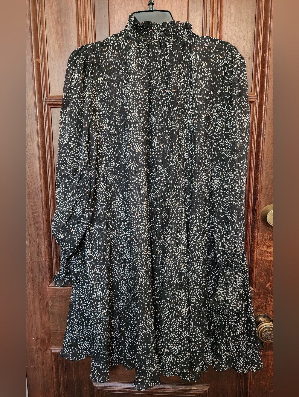 Maje Black Silk Metallic Fil Coupe Ruffle Neck Babydoll Mini Dress 38 M-US Sz 6
